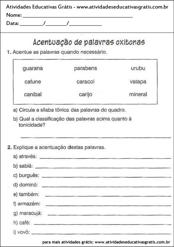 atividade português acentuação das palavras oxítonas