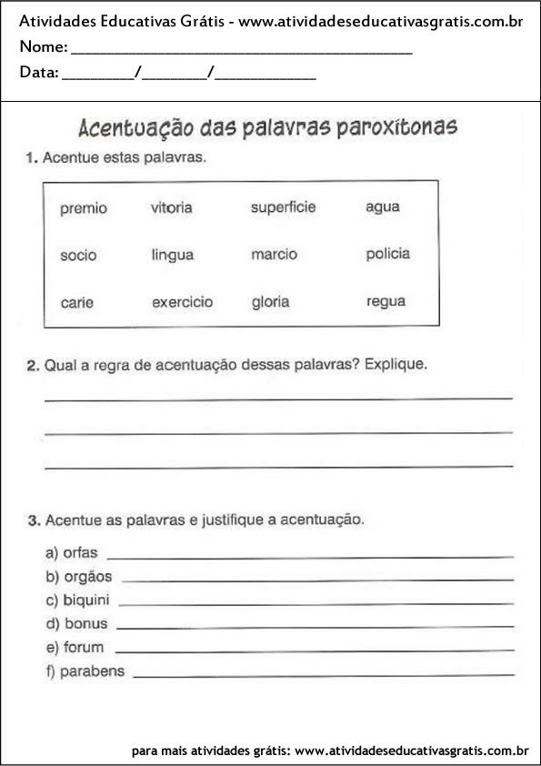 atividade português acentuação das palavras paroxítonas