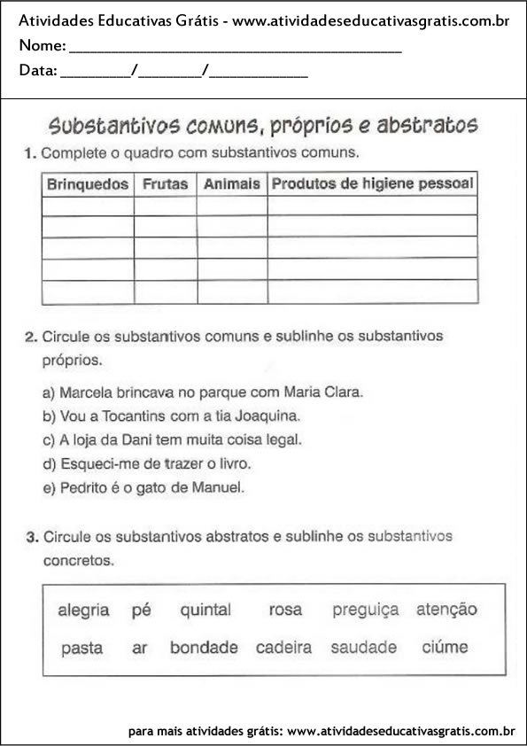 atividade português substantivos comuns próprios