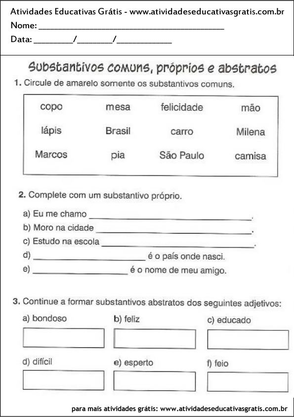 atividade português substantivos comuns