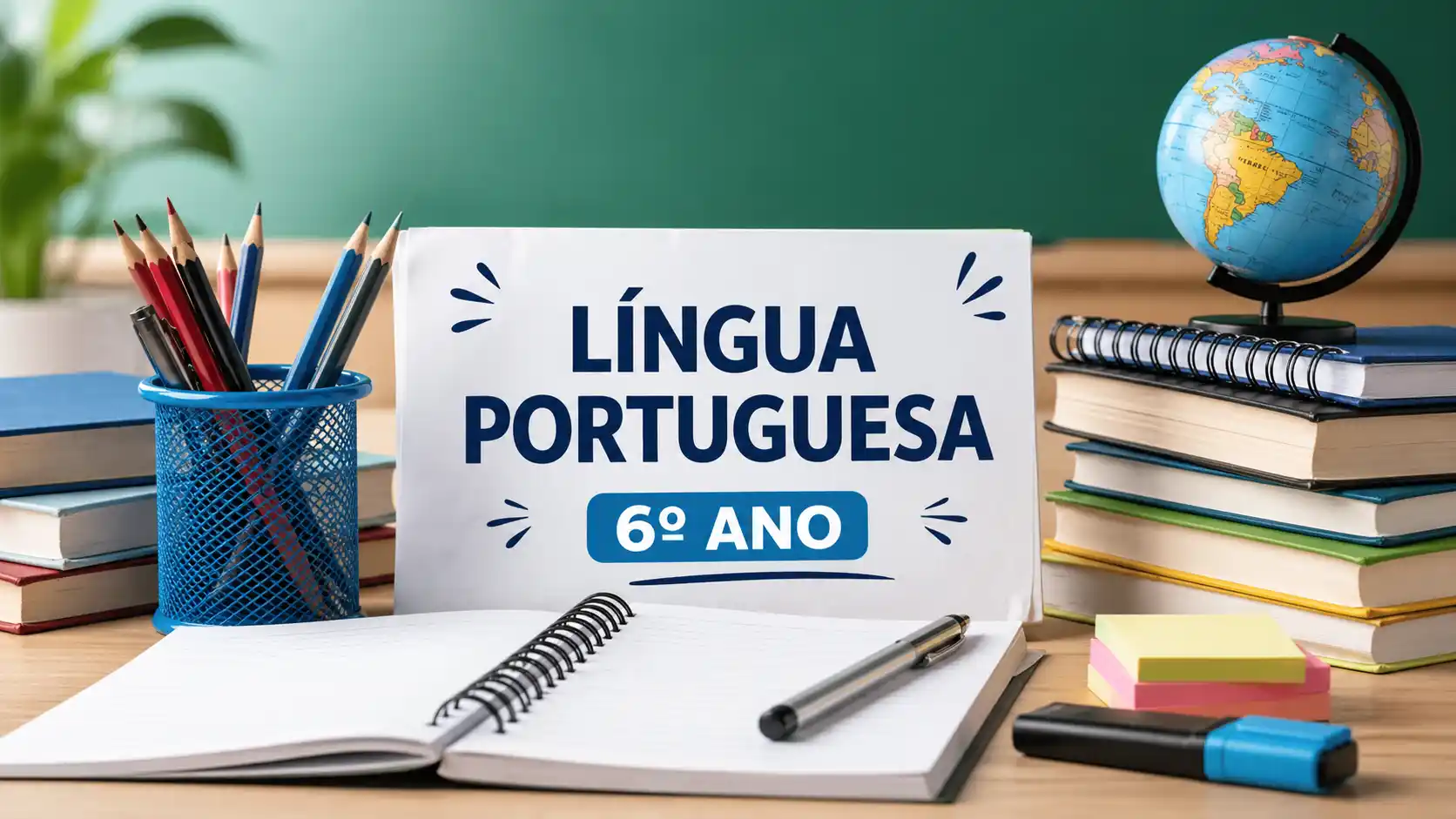 Atividades de português 6º ano para imprimir com materiais escolares sobre mesa e caderno aberto