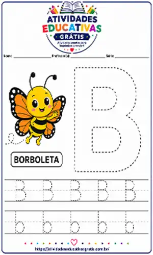 Atividade letra B tracejada para educação infantil com borboleta para imprimir e praticar escrita