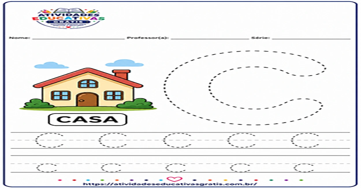 atividade letra C pontilhada para imprimir com espaço para nome e prática de coordenação motora infantil