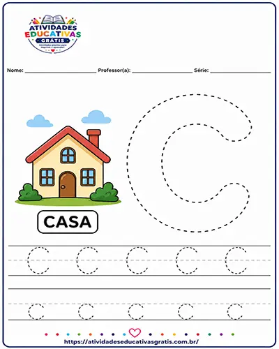 atividade letra C pontilhada para imprimir com espaço para nome e prática de coordenação motora infantil
