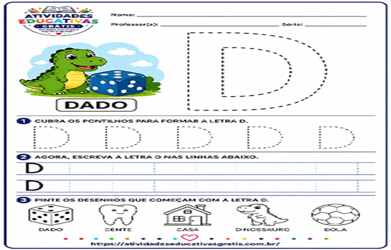 atividade letra D pontilhada para imprimir com dado e dinossauro para alfabetização infantil