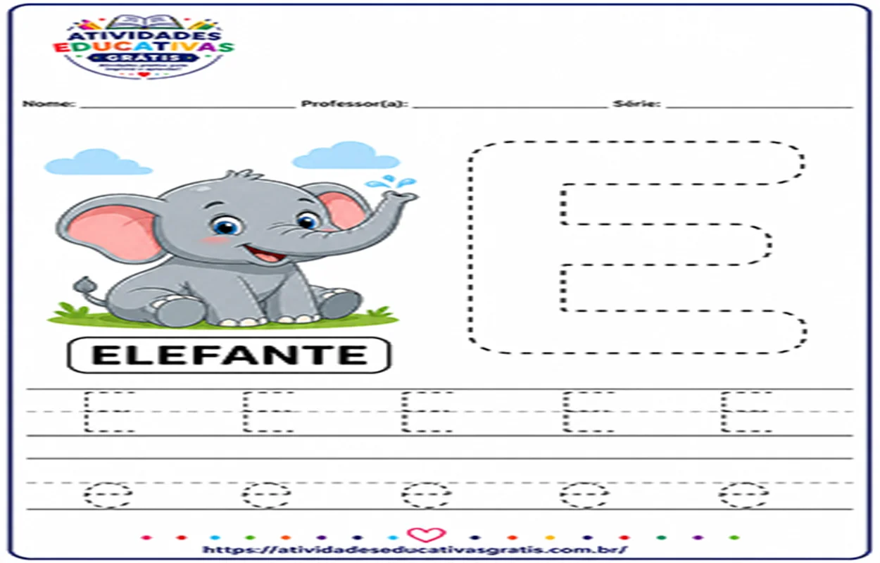atividade letra E pontilhado para imprimir com elefante educação infantil