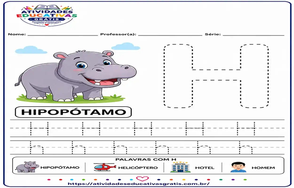 Atividade da letra H pontilhado para imprimir com hipopótamo, treino da letra H maiúscula e minúscula para educação infantil