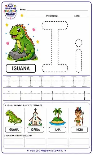 Atividade letra I pontilhado com iguana para imprimir