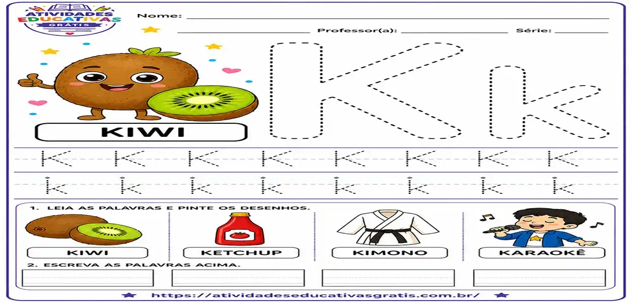 Atividade letra K pontilhado com kiwi para imprimir