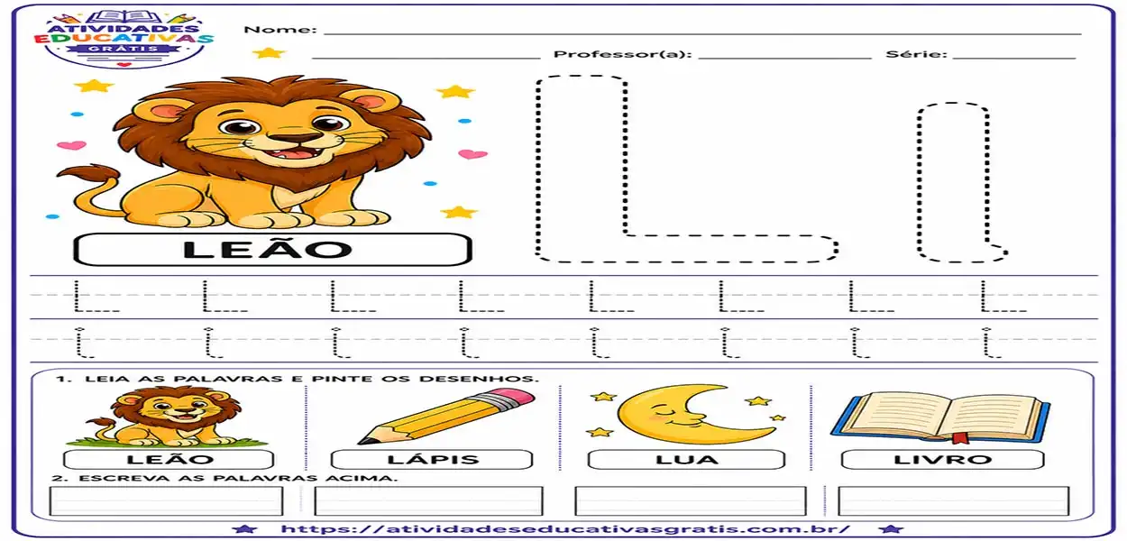 Atividade letra L pontilhado com leão para imprimir