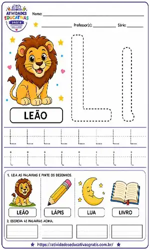 Atividade letra L pontilhado com leão para imprimir