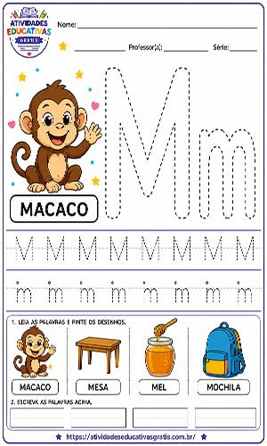 Atividade letra M pontilhado com macaco para imprimir