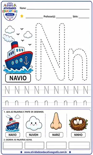 Atividade letra N pontilhado com navio para imprimir