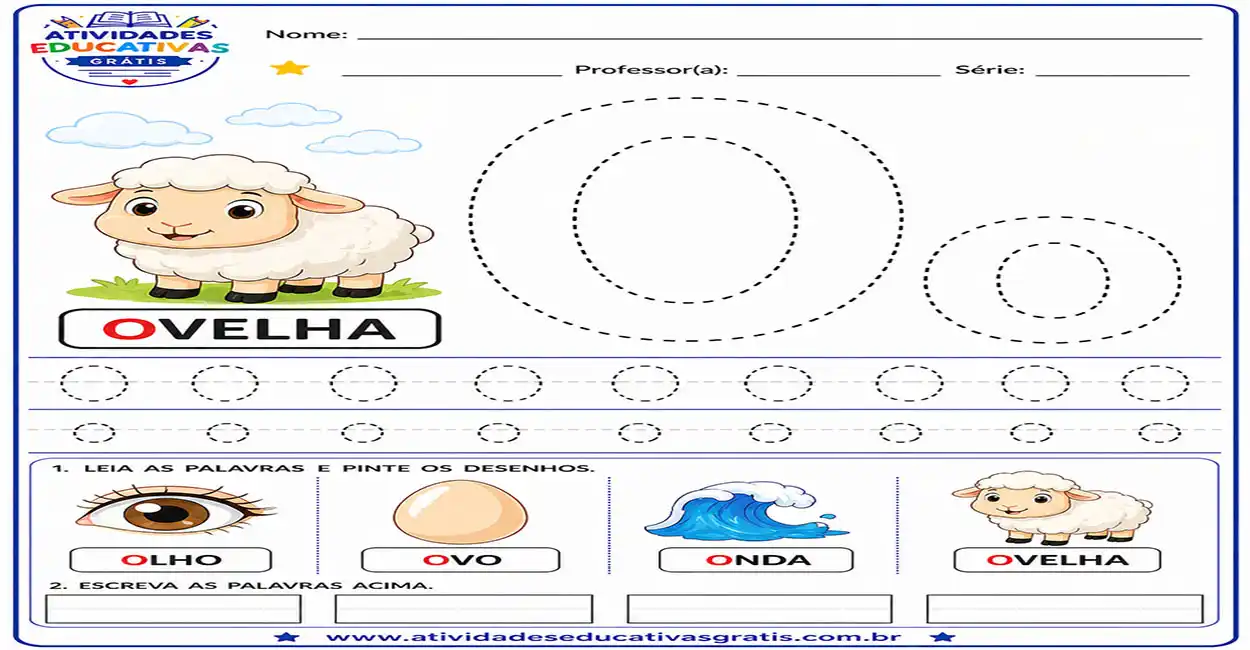 Atividade da letra O pontilhado para imprimir com desenho de ovelha e exercícios de alfabetização infantil