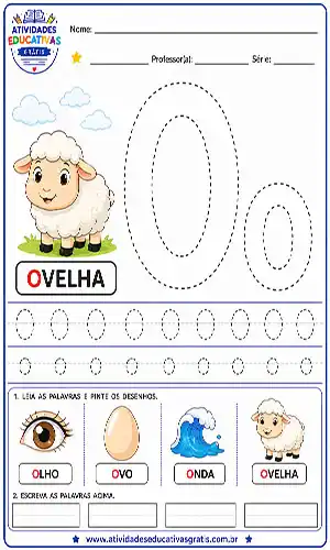 Atividade da letra O pontilhado para imprimir com desenho de ovelha e exercícios de alfabetização infantil