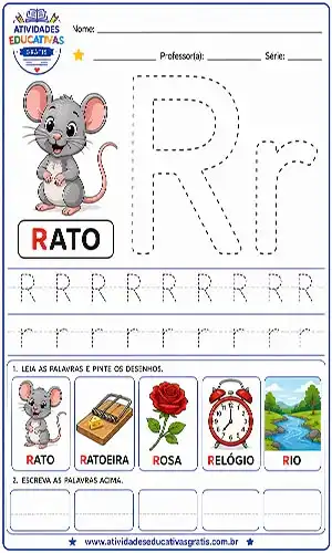 Atividade letra R pontilhado para imprimir com desenho de rato e palavras educativas para alfabetização infantil