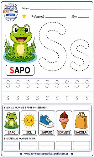 Atividade letra S pontilhado para imprimir com desenho de sapo e palavras educativas para alfabetização infantil