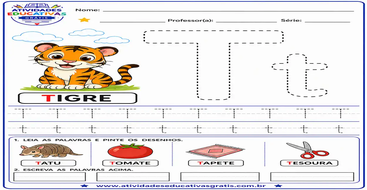 Atividade letra T pontilhado para imprimir com tigre educação infantil treino da letra T maiúscula e minúscula