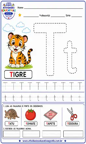 Atividade letra T pontilhado para imprimir com tigre educação infantil treino da letra T maiúscula e minúscula