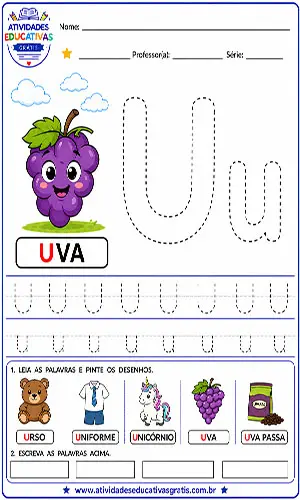 Atividade letra U pontilhado para imprimir com uva educação infantil treino da letra U maiúscula e minúscula