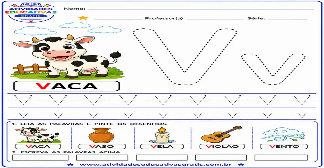 Atividade letra V pontilhado para imprimir com vaca educação infantil treino da letra V maiúscula e minúscula