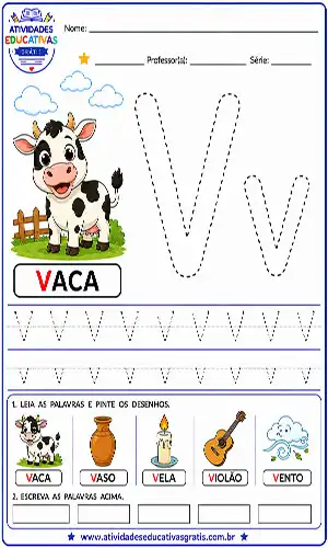 Atividade letra V pontilhado para imprimir com vaca educação infantil treino da letra V maiúscula e minúscula