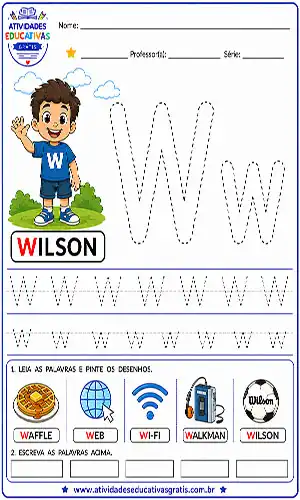 Atividade letra W pontilhado para imprimir com Wilson educação infantil treino da letra W maiúscula e minúscula