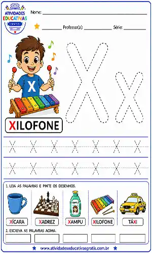 Atividade letra X pontilhado para imprimir com xilofone educação infantil treino da letra X maiúscula e minúscula