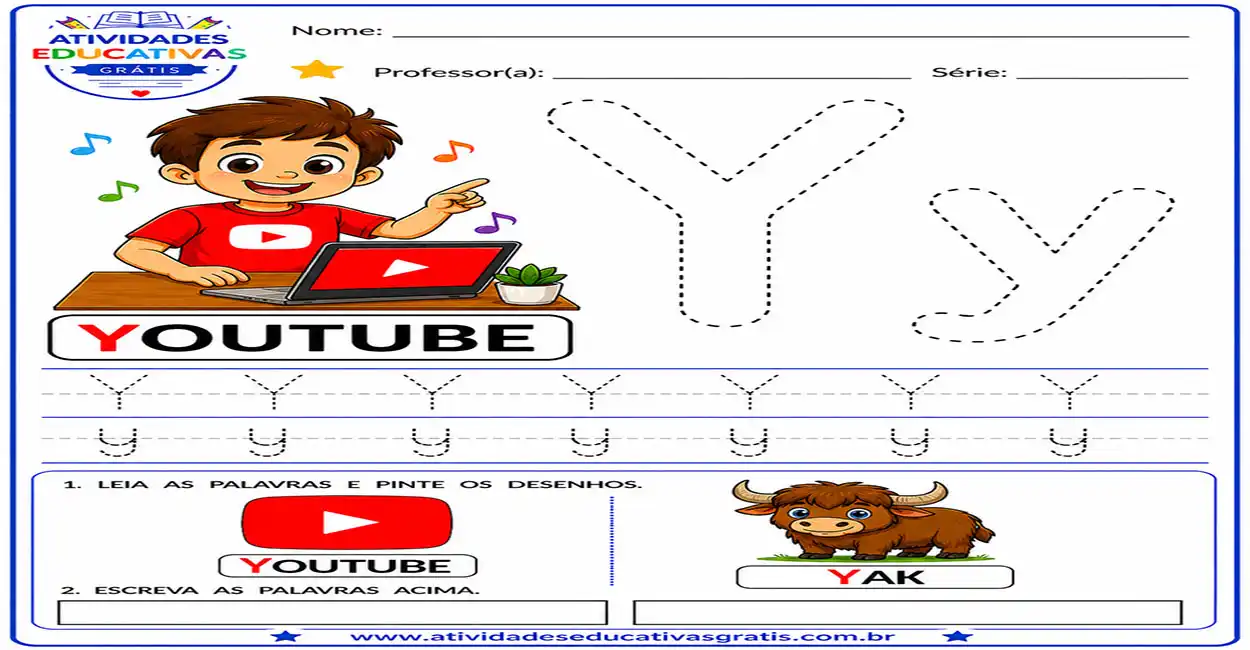 Atividade letra Y pontilhado para imprimir com YouTube e Yak para educação infantil treino de escrita