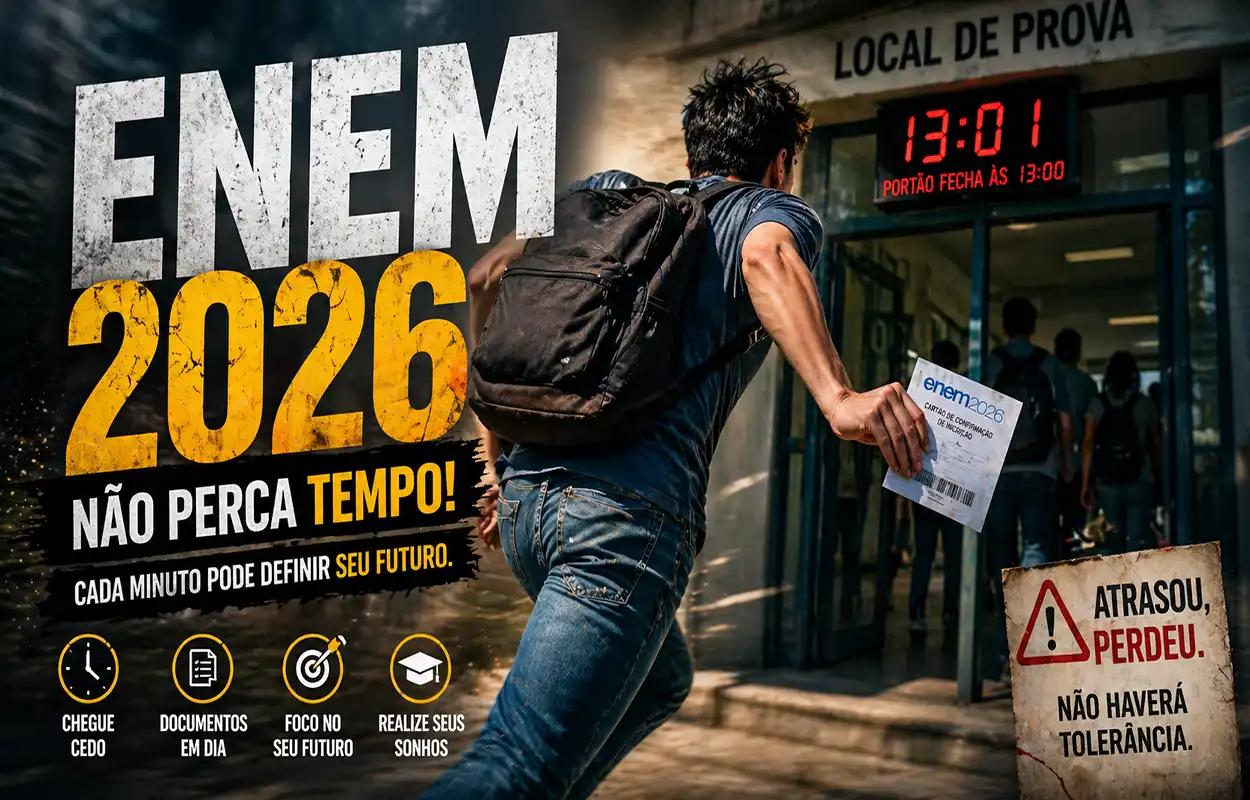 Estudante brasileiro correndo atrasado para o Enem 2026 tentando entrar no local de prova antes do fechamento dos portões