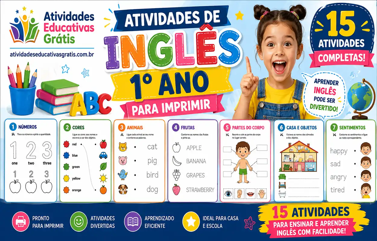 Atividades de inglês para 1º ano com exercícios coloridos, criança sorrindo e materiais educativos para imprimir