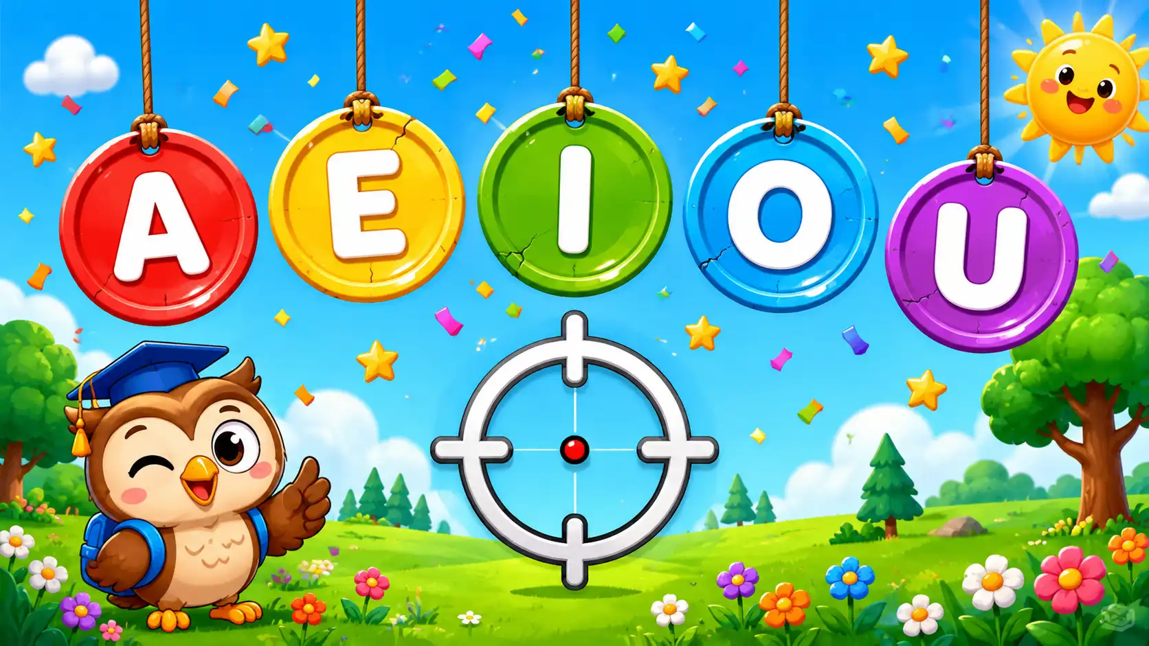 Ilustração colorida do jogo educativo Caça às Vogais com cinco pratos coloridos contendo as letras A, E, I, O e U, uma mira central, coruja mascote sorridente, céu azul, árvores, flores e estrelas em um cenário infantil.