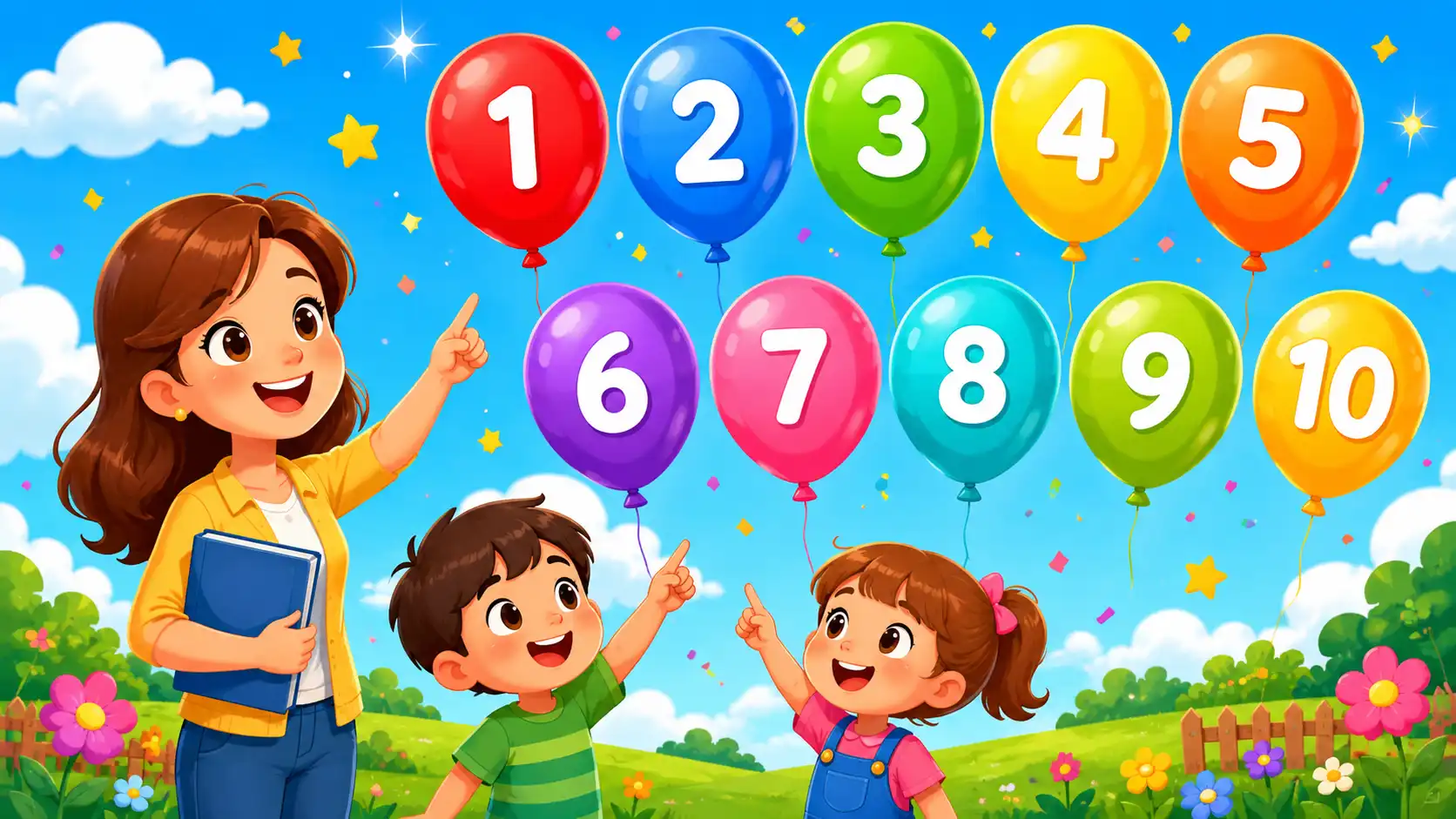 Professora e duas crianças aprendendo os números de 1 a 10 com balões coloridos em um jogo educativo infantil.