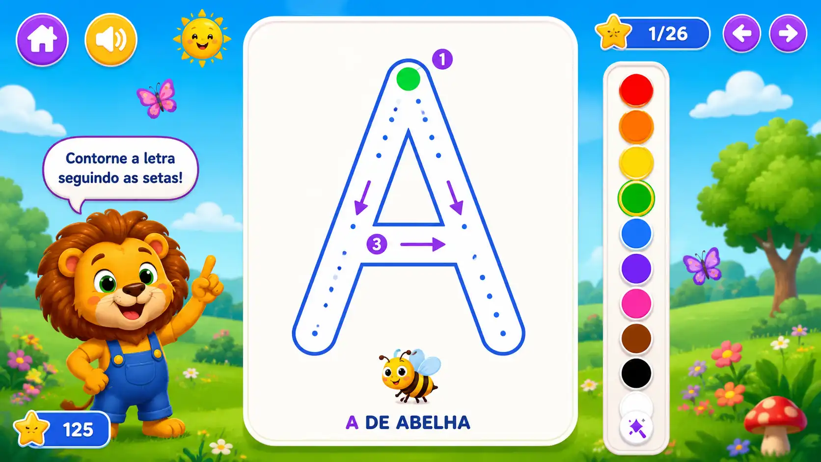 Tela de um jogo educativo infantil de alfabetização mostrando a letra A pontilhada para contornar, com setas indicando o traçado correto, uma paleta de cores lateral, um leão mascote e a imagem de uma abelha representando "A de Abelha".