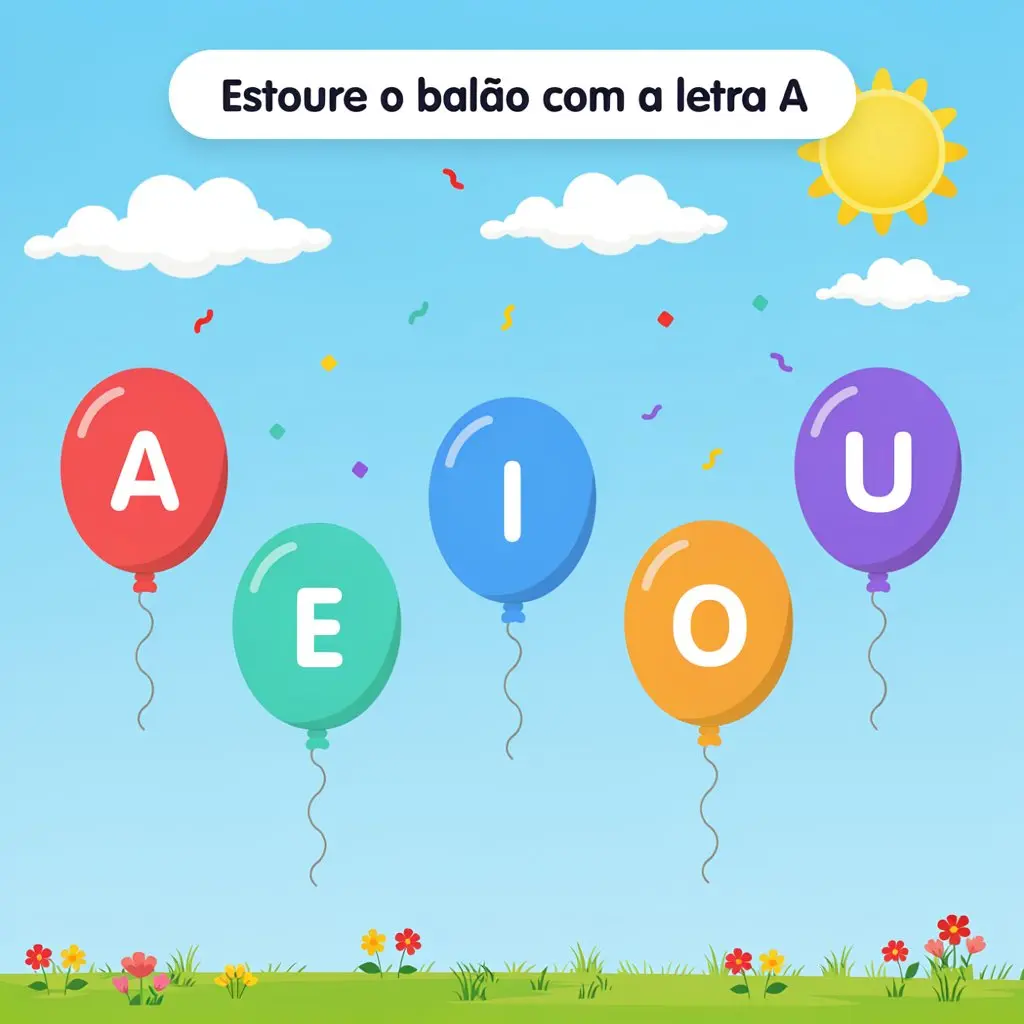 Jogo educativo infantil com balões coloridos representando as vogais A, E, I, O, U flutuando no céu