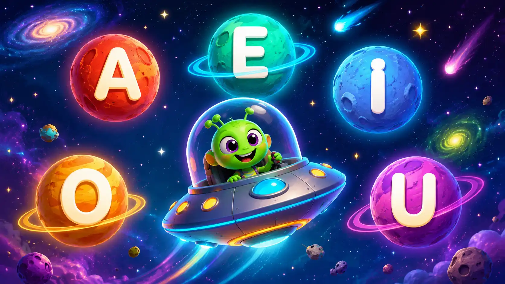 Criança jogando o Jogo das Vogais Online com uma nave espacial encontrando as letras A, E, I, O e U.