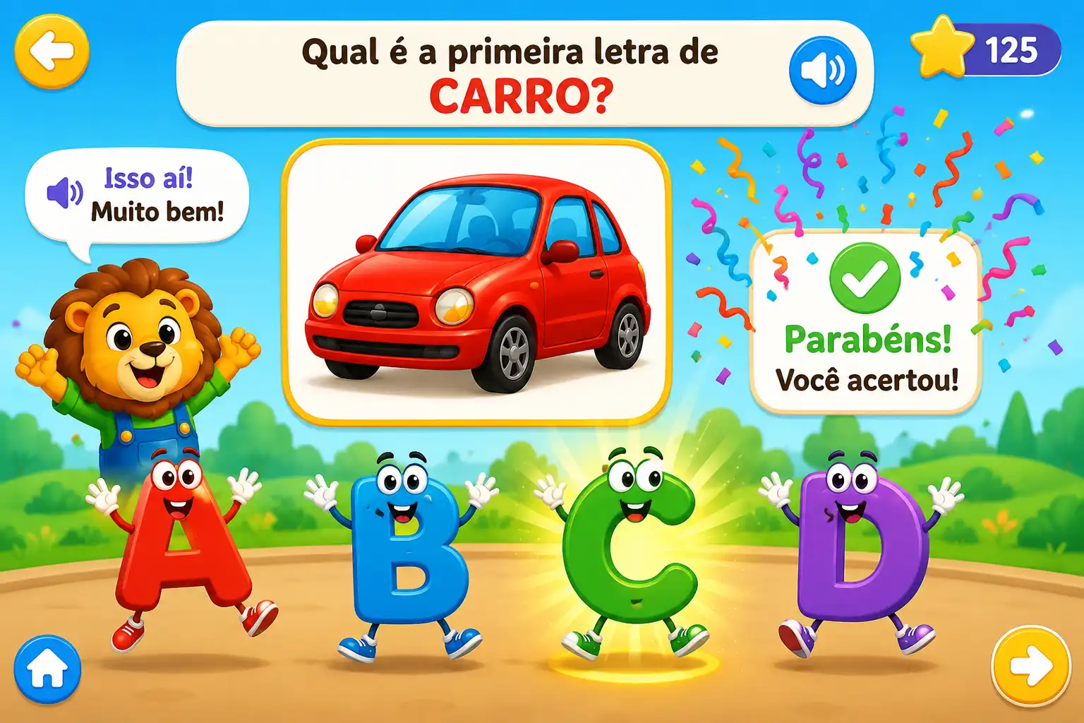 Tela de um jogo educativo infantil de alfabetização mostrando a pergunta "Qual é a primeira letra de CARRO?", com a imagem de um carro vermelho, opções de letras animadas (A, B, C e D), um leão mascote e uma mensagem de acerto com confetes.