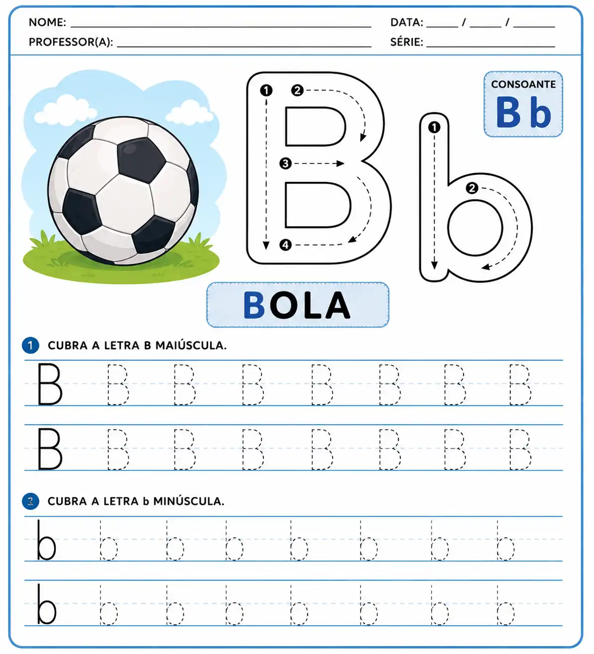 Atividade da letra B-b pontilhada para alfabetização infantil