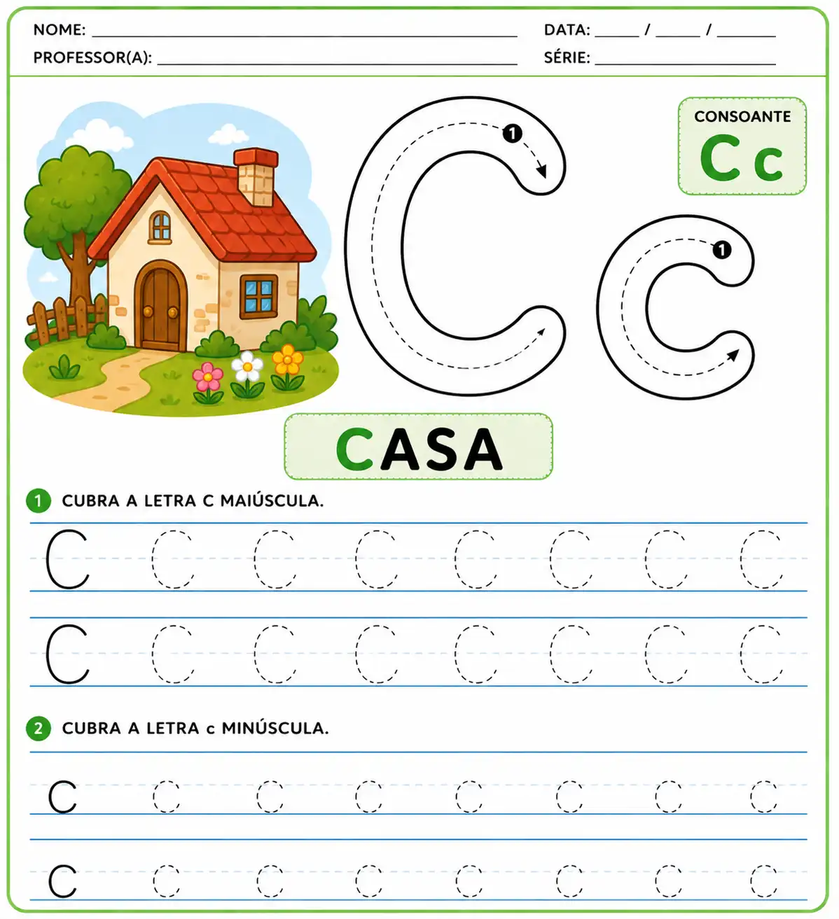 Atividade da letra C-c pontilhada para alfabetização infantil