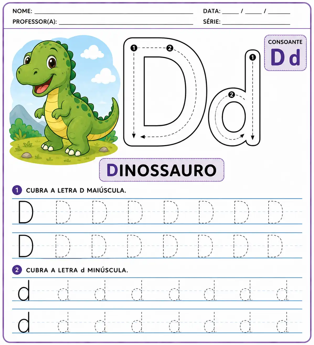 Atividade da letra D-d pontilhada para alfabetização infantil