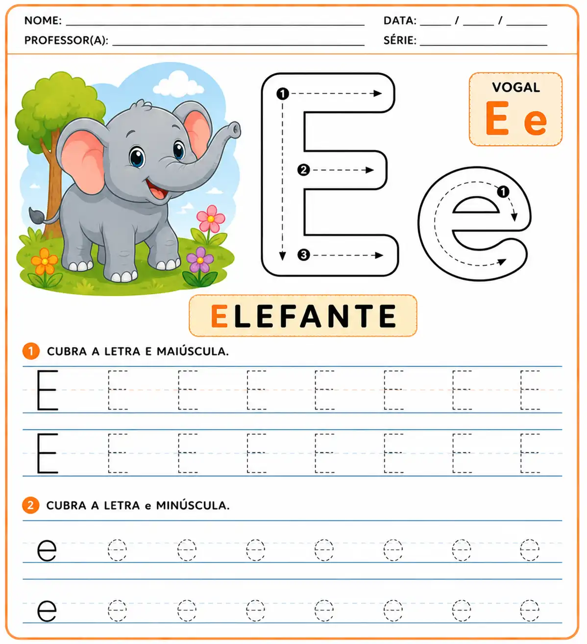 Atividade da letra E-e pontilhada para alfabetização infantil