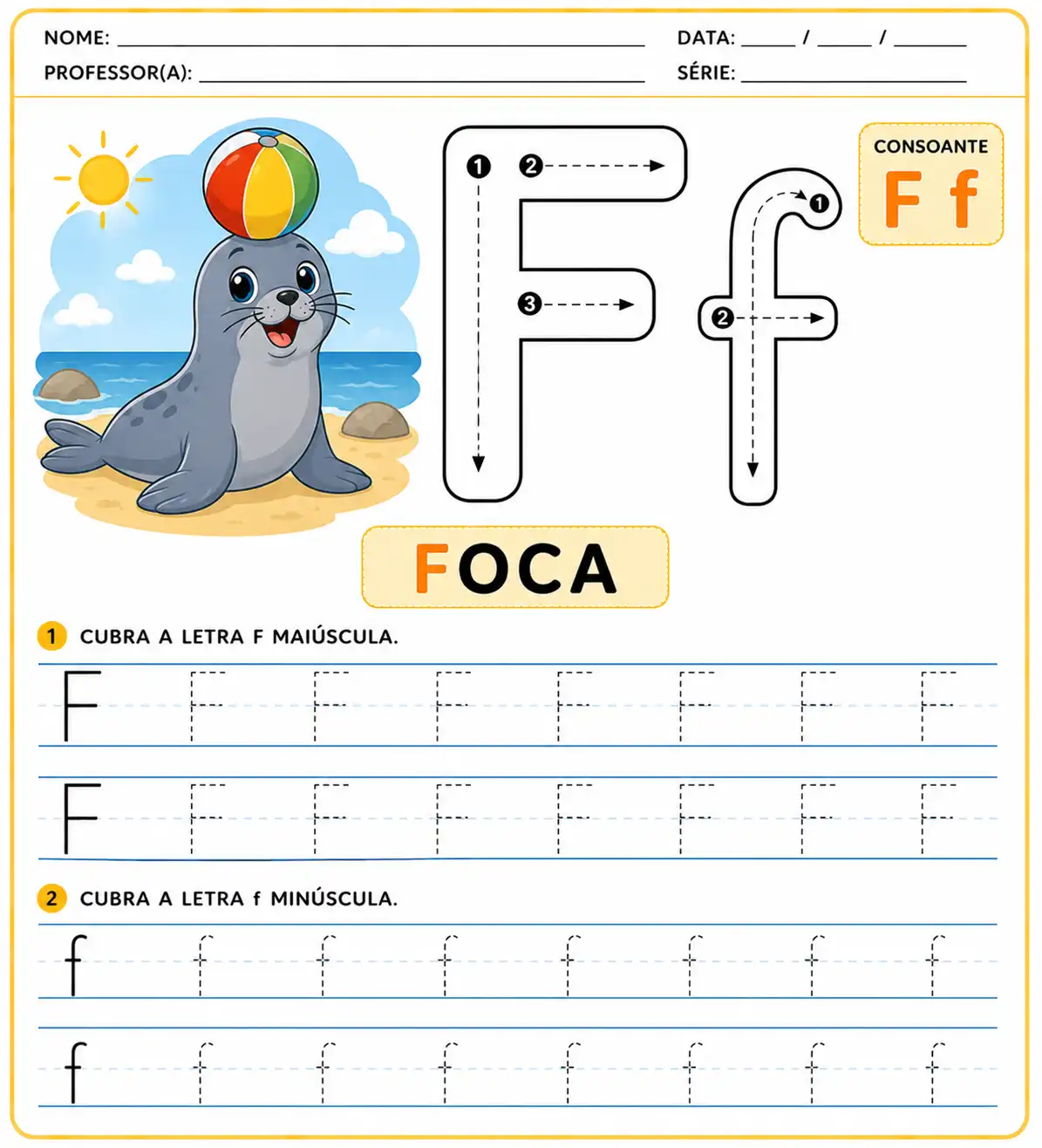 Atividade da letra F-f pontilhada para alfabetização infantil