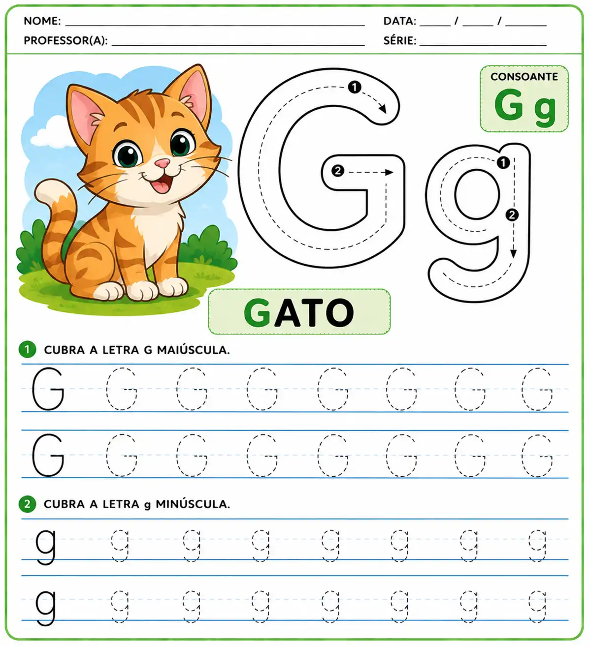 Atividade da letra G-g pontilhada para alfabetização infantil