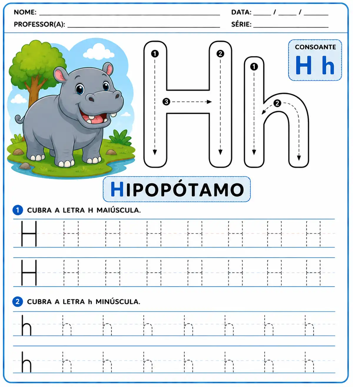 Atividade da letra H-h pontilhada para alfabetização infantil