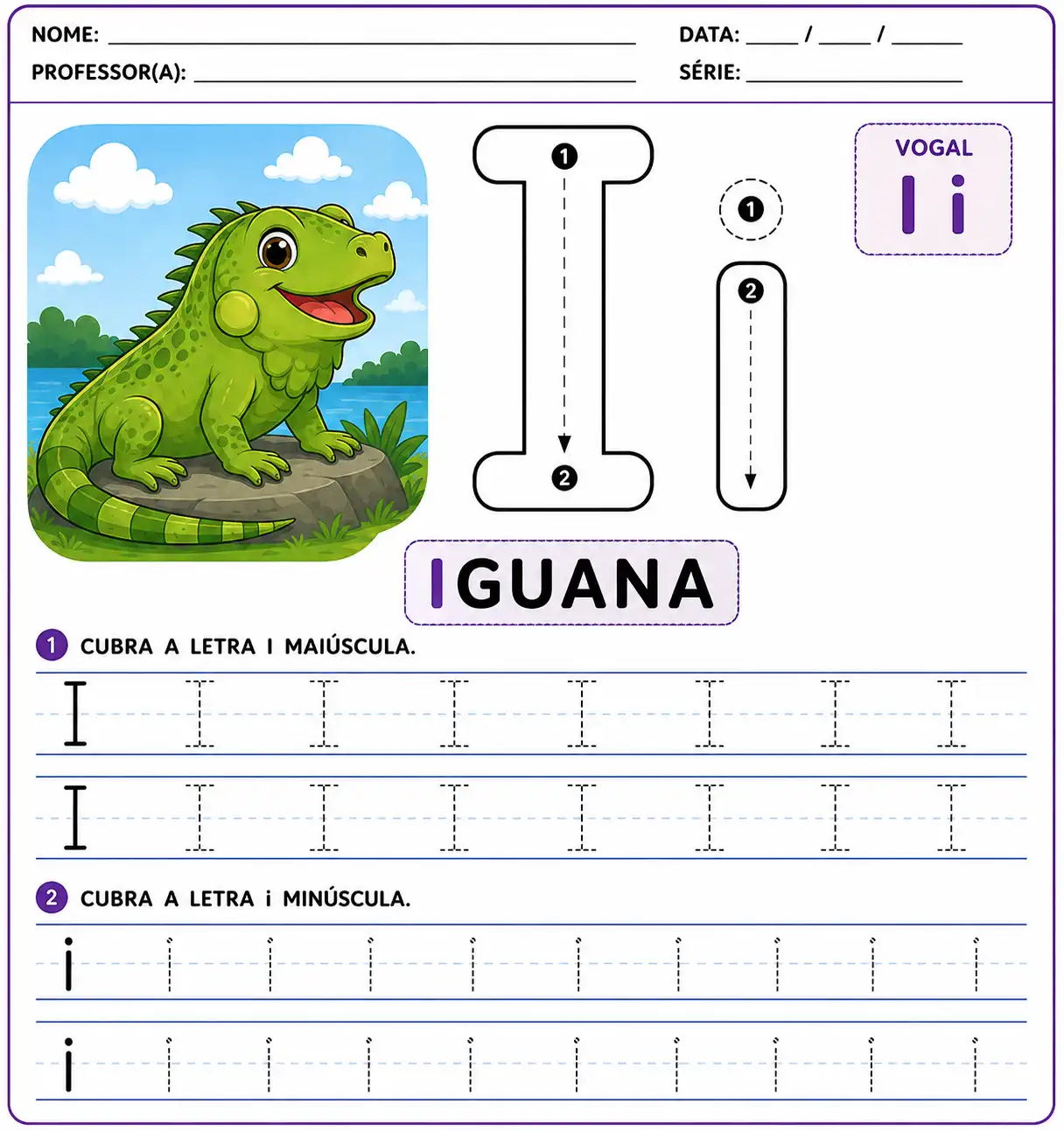Atividade da letra I-i pontilhada para alfabetização infantil