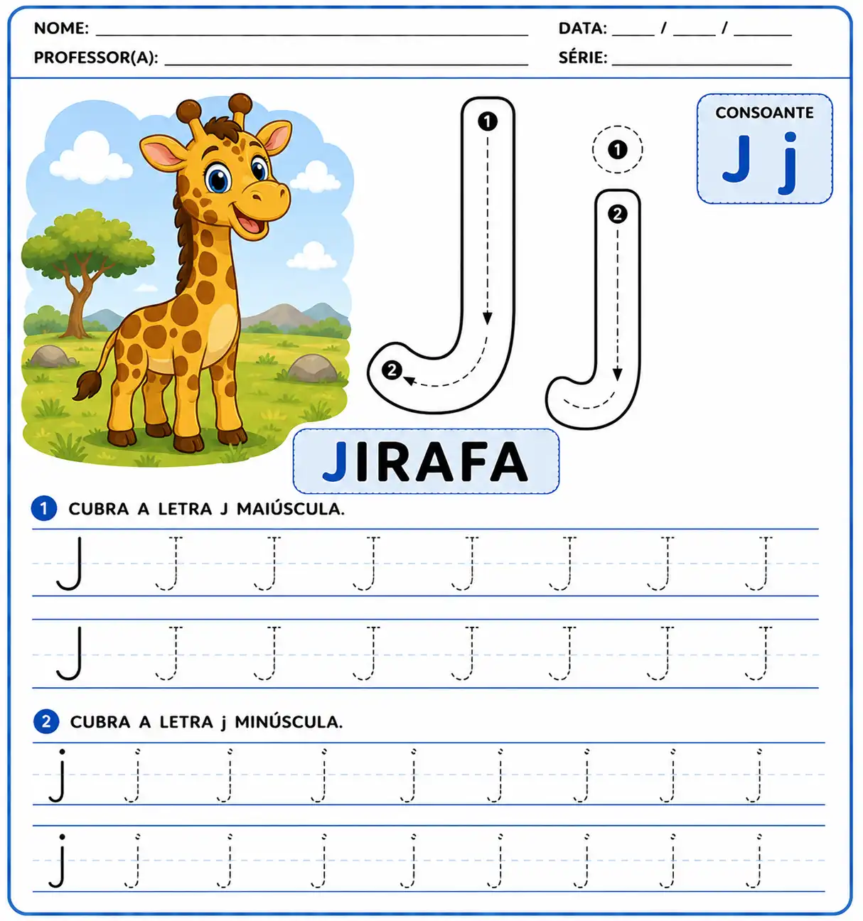 Atividade da letra J-j pontilhada para alfabetização infantil