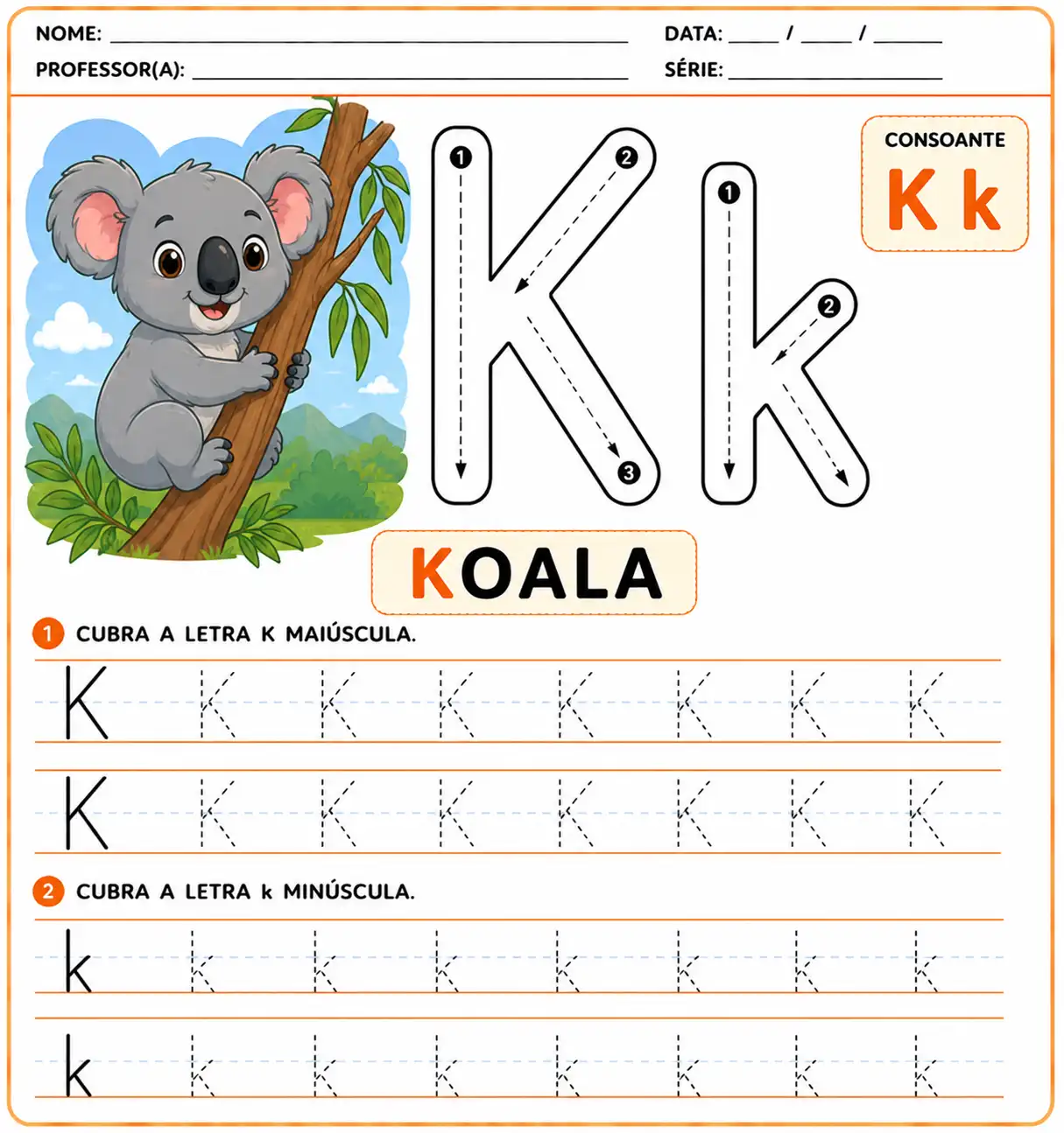 Atividade da letra K-k pontilhada para alfabetização infantil