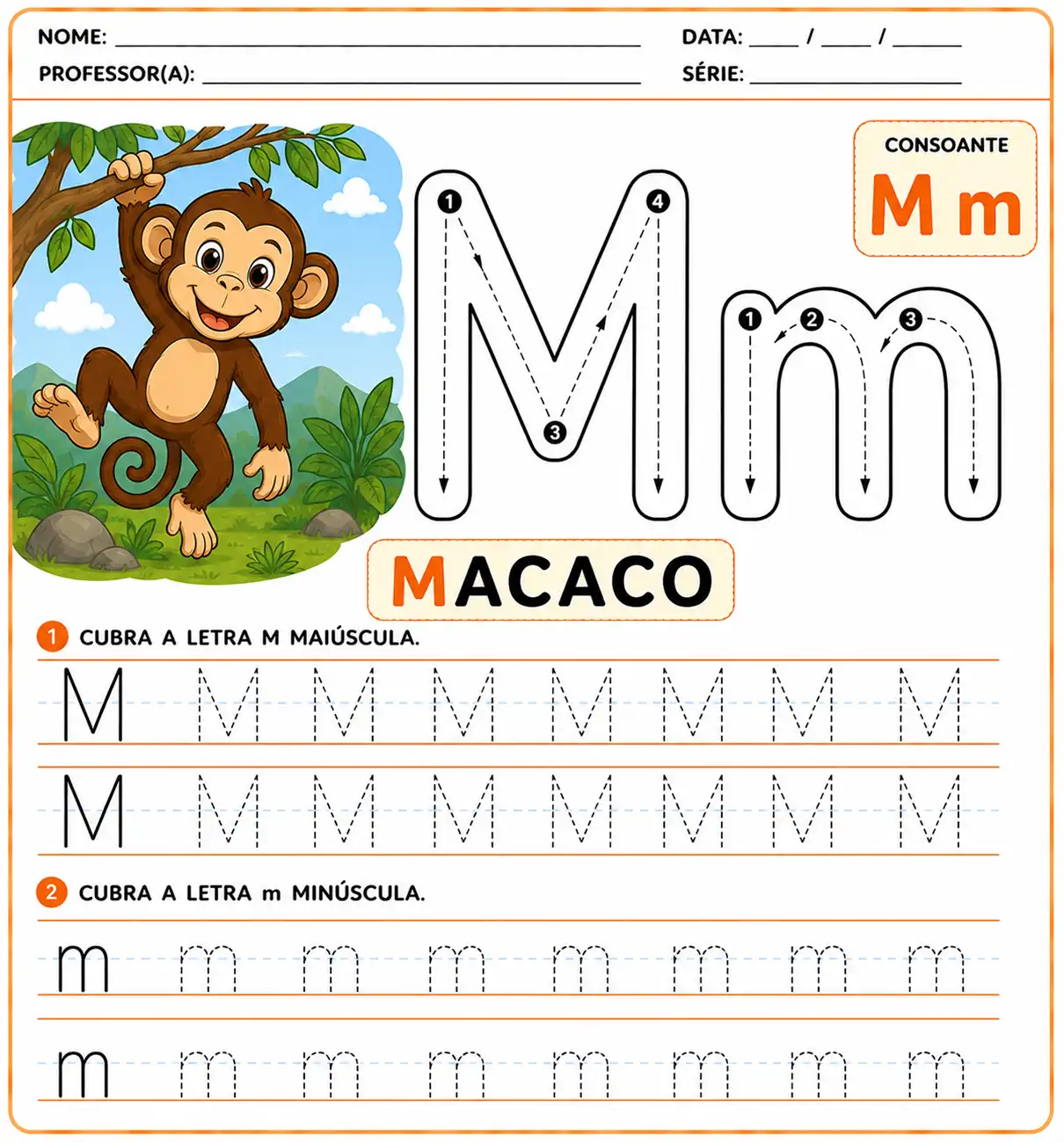 Atividade letra M pontilhada maiúscula e minúscula para alfabetização