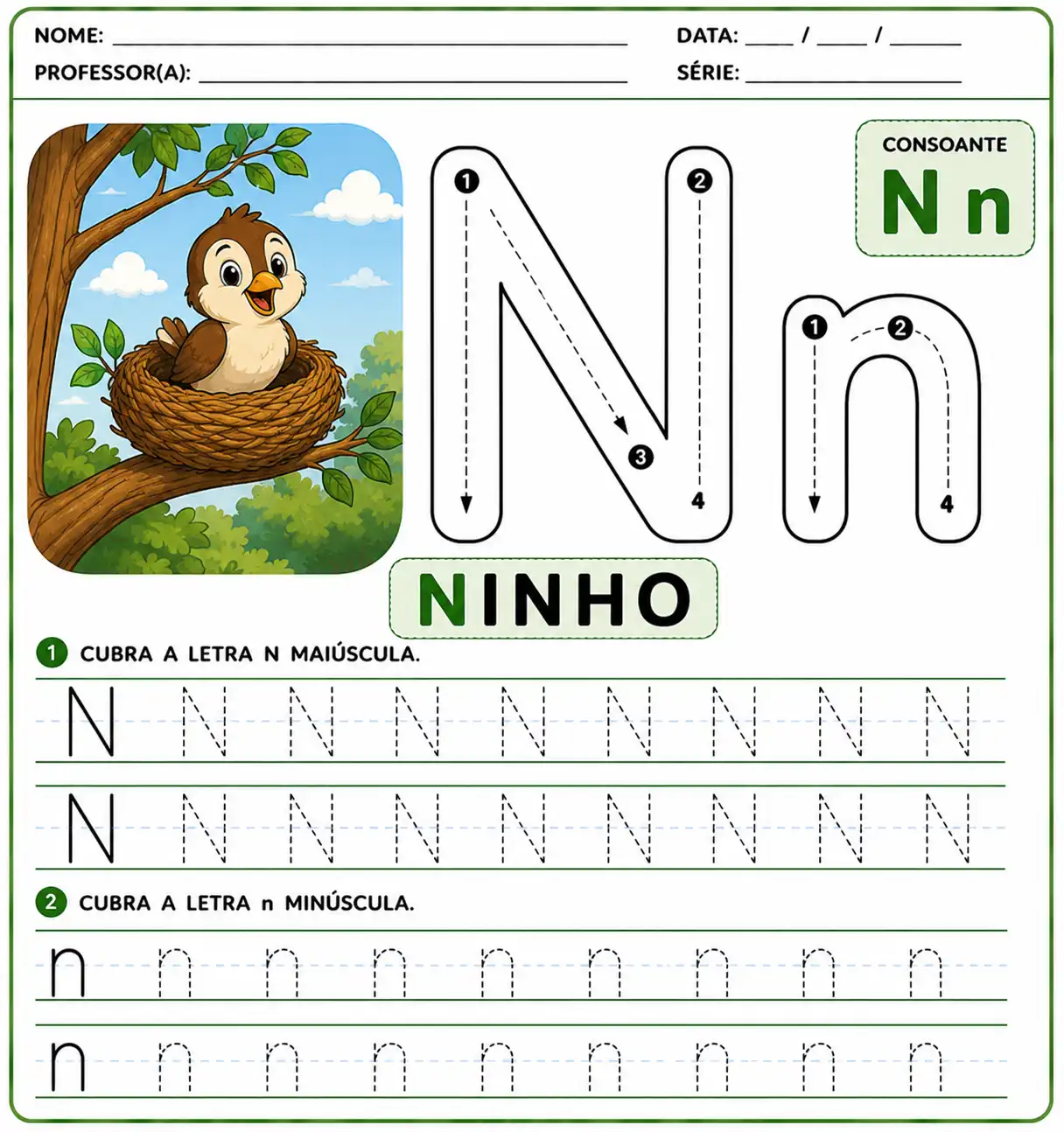 Atividade letra N pontilhada para alfabetização infantil