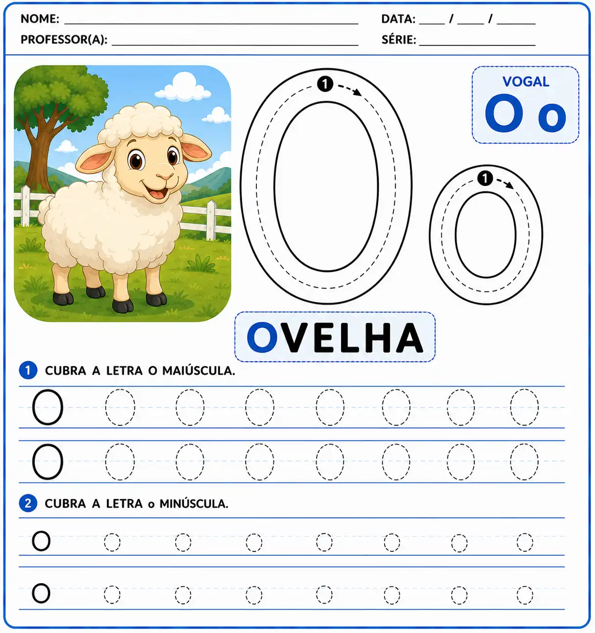 Atividade letra O pontilhada para alfabetização infantil com ovelha